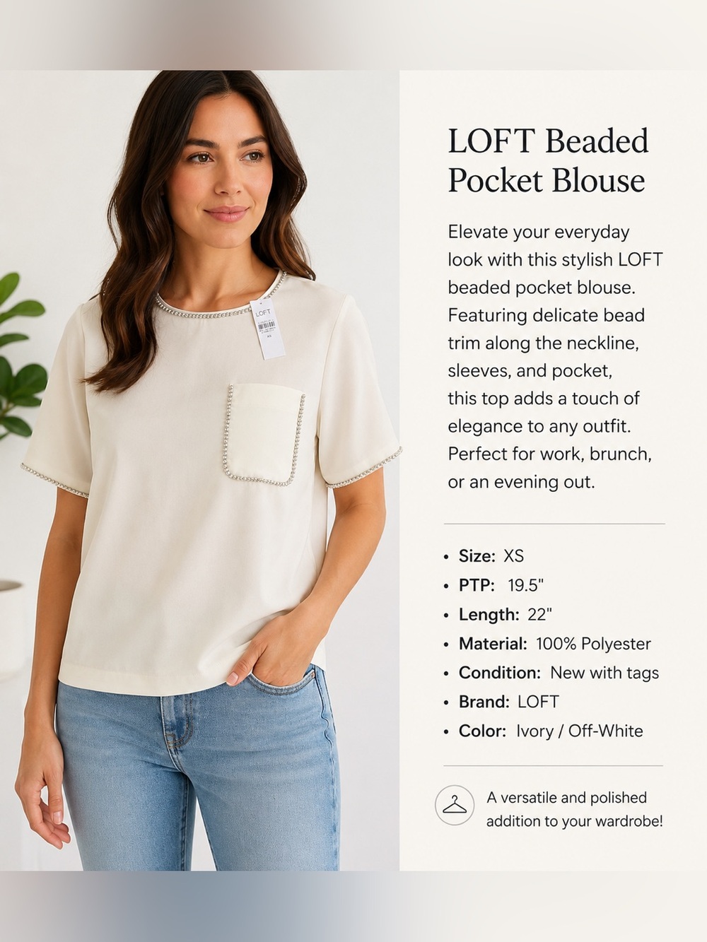 LOFT Ivory Beaded Trim Pocket Blouse Top XS NWT Elegant Minimalist